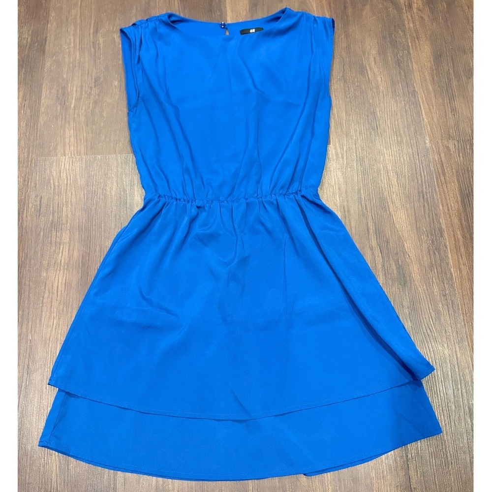 Autumn Wedding Guest Mini Dress Blue Tiered Pleated Cap Sleeve Elastic Waist 4